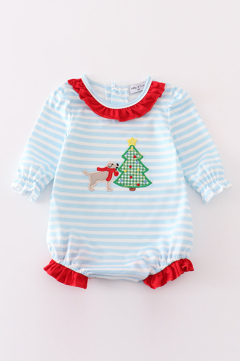 Blue Stripe Christmas Tree Puppy Applique Bubble