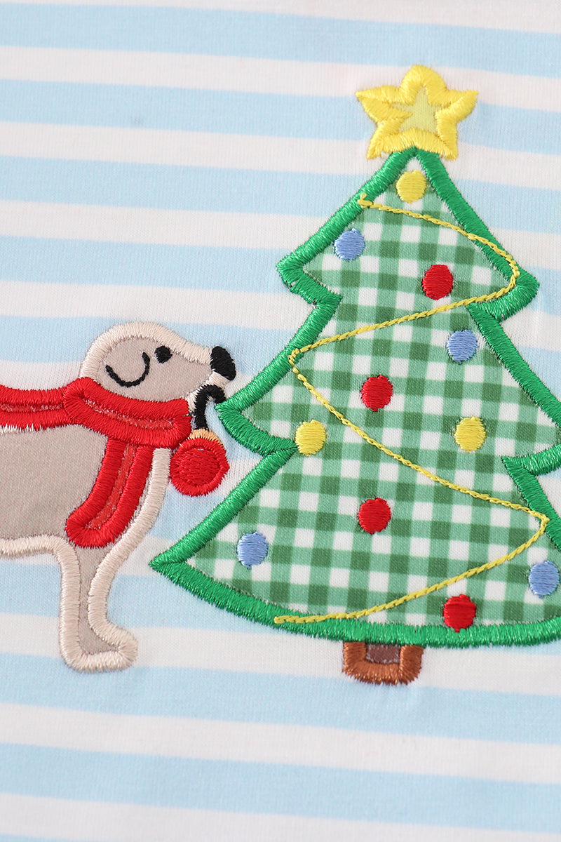 Blue Stripe Christmas Tree Puppy Applique Bubble