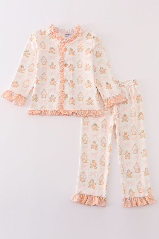 Abby & Evie - Beige Gingerbread Girl Ruffle Pajamas Set