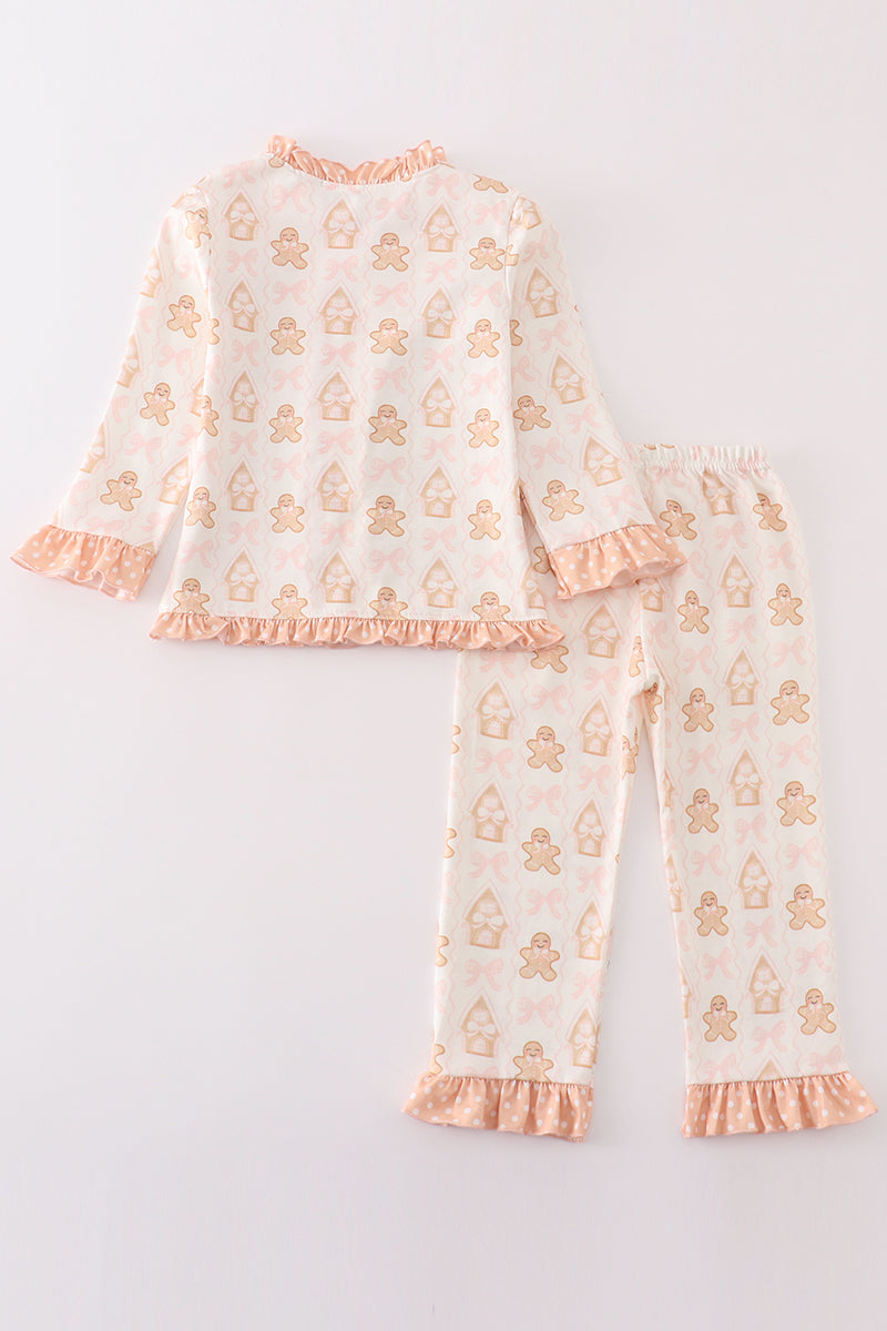 Abby & Evie - Beige Gingerbread Girl Ruffle Pajamas Set