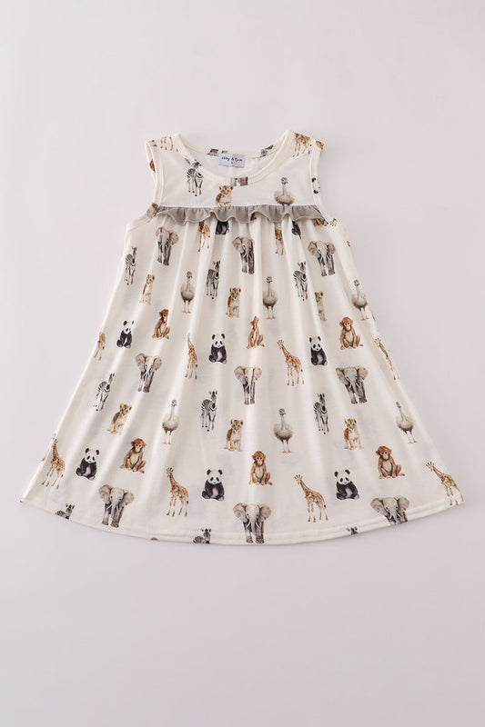 Abby & Evie - Grey Zoo Animal Print Ruffle Dress