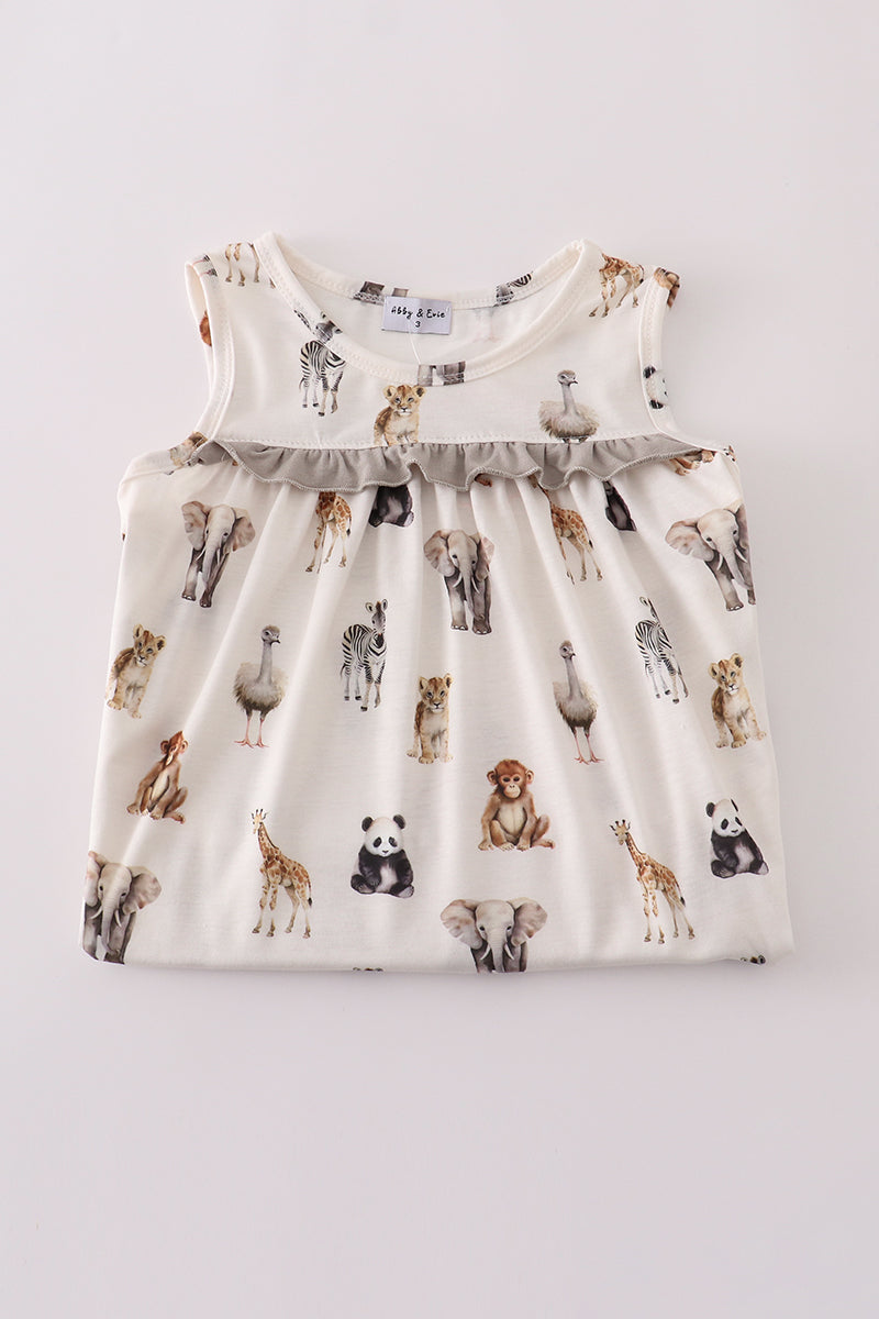 Abby & Evie - Grey Zoo Animal Print Ruffle Dress