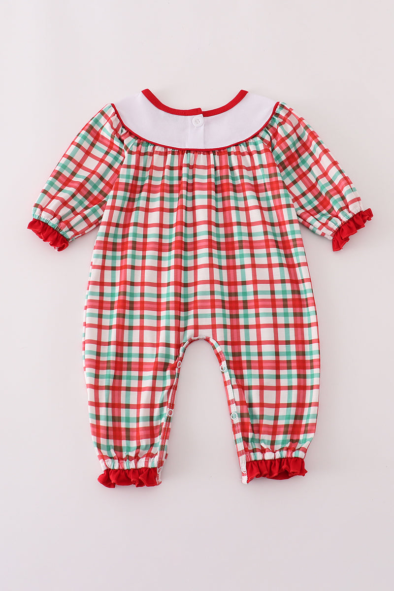 Abby & Evie - Red Santa Claus Embroidery Plaid Ruffle Romper