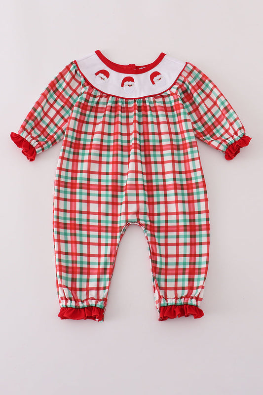 Abby & Evie - Red Santa Claus Embroidery Plaid Ruffle Romper