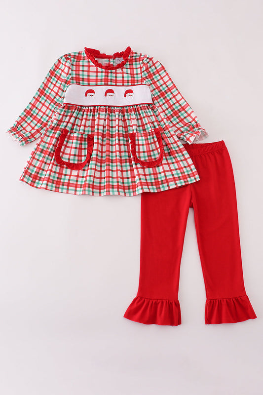 Abby & Evie - Red Santa Claus Embroidery Plaid Ruffle Two Piece Set