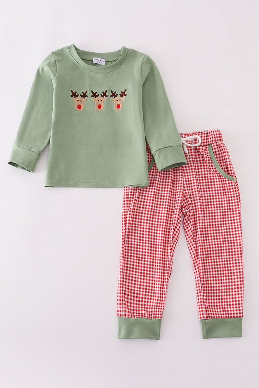 Abby & Evie - Boy Green Reindeer Embroidery Two Piece Set