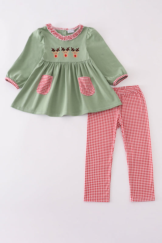 Abby & Evie - Green Reindeer Embroidery Ruffle Two Piece Set