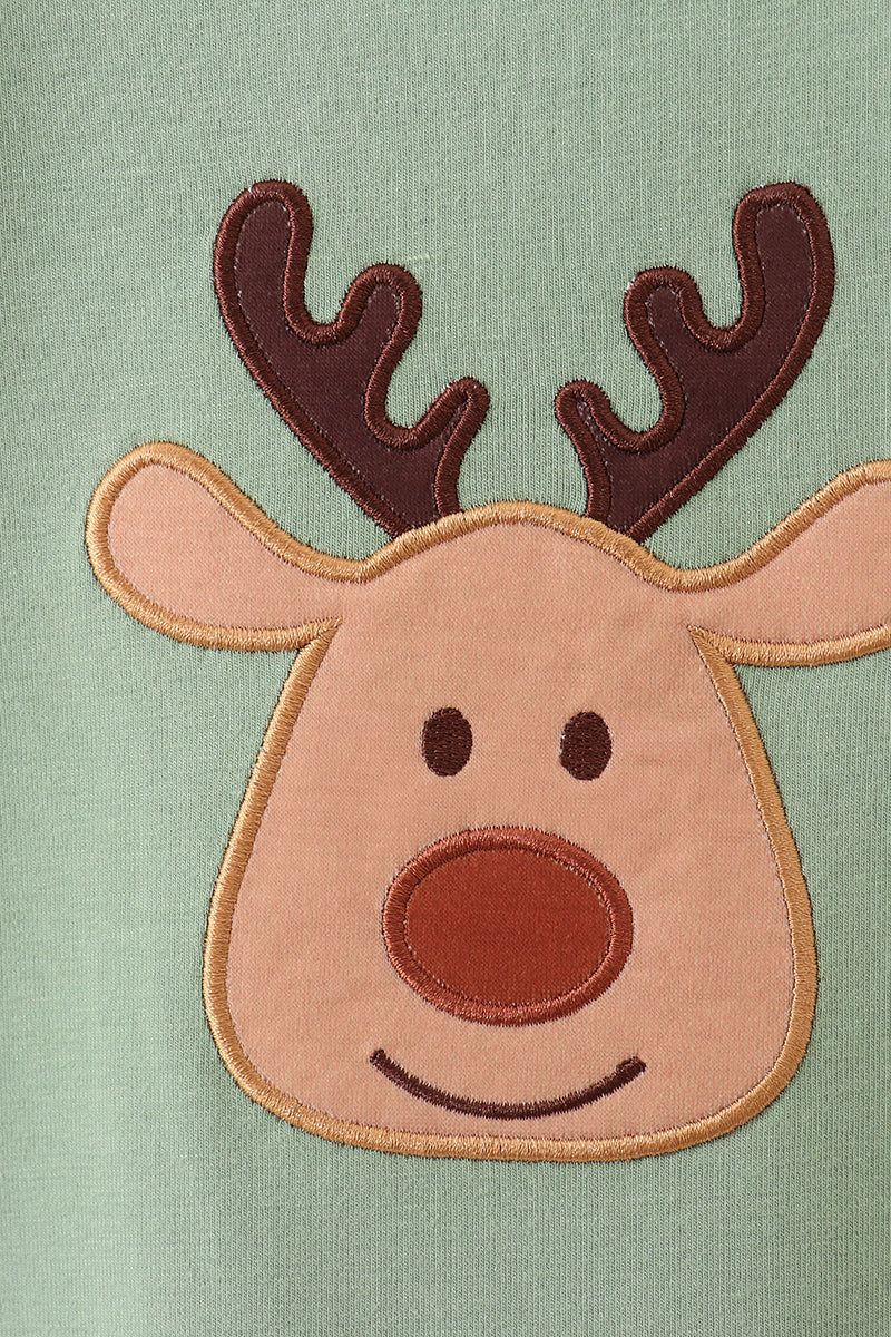 Abby & Evie - Green Christmas Reindeer Applique Ruffle Romper
