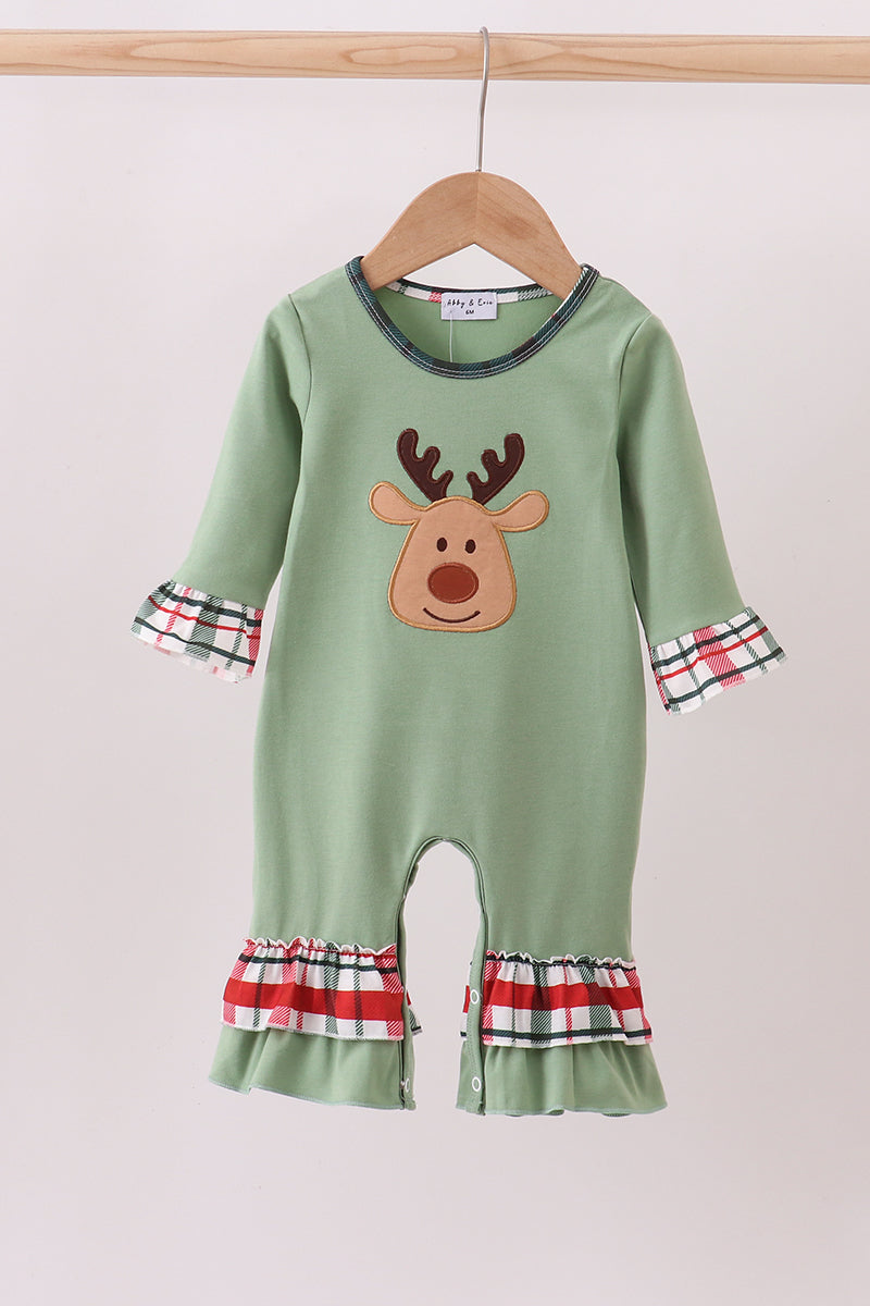 Abby & Evie - Green Christmas Reindeer Applique Ruffle Romper