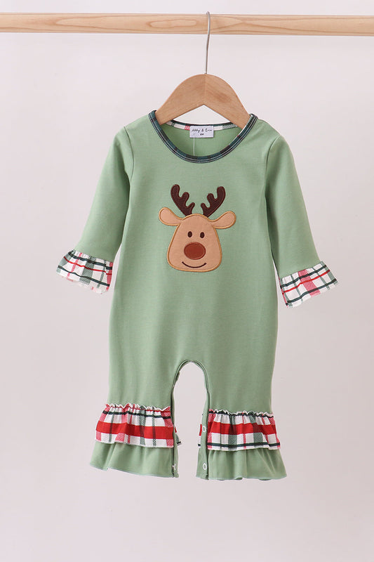 Abby & Evie - Green Christmas Reindeer Applique Ruffle Romper
