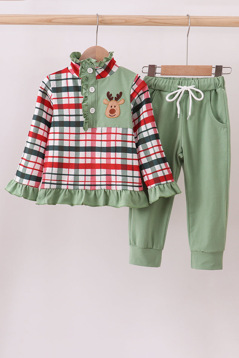Abby & Evie - Green Christmas Reindeer Applique Pants Set
