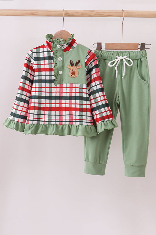 Abby & Evie - Green Christmas Reindeer Applique Pants Set
