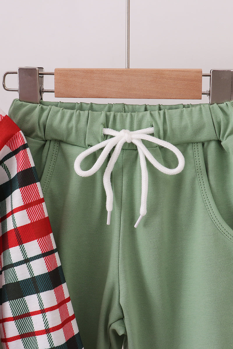Abby & Evie - Green Christmas Reindeer Applique Pants Set
