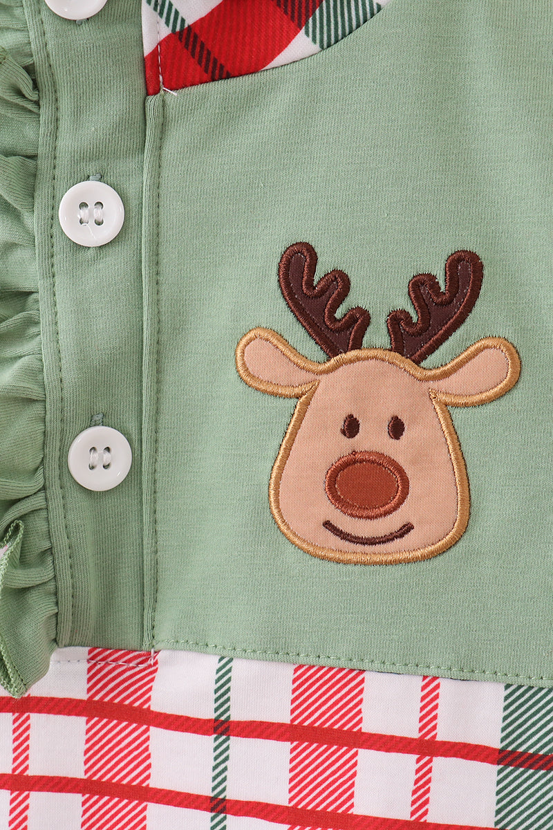 Abby & Evie - Green Christmas Reindeer Applique Pants Set