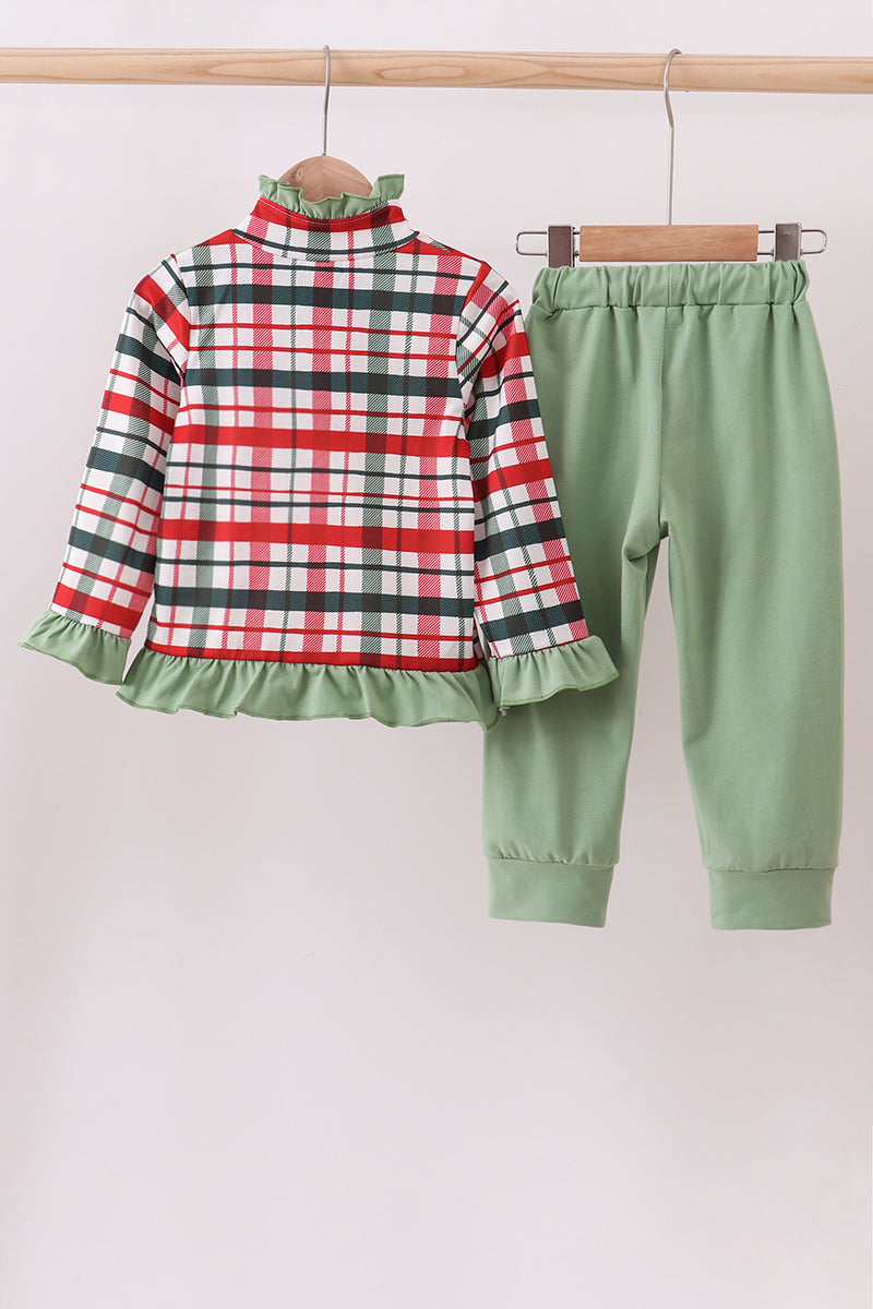 Abby & Evie - Green Christmas Reindeer Applique Pants Set