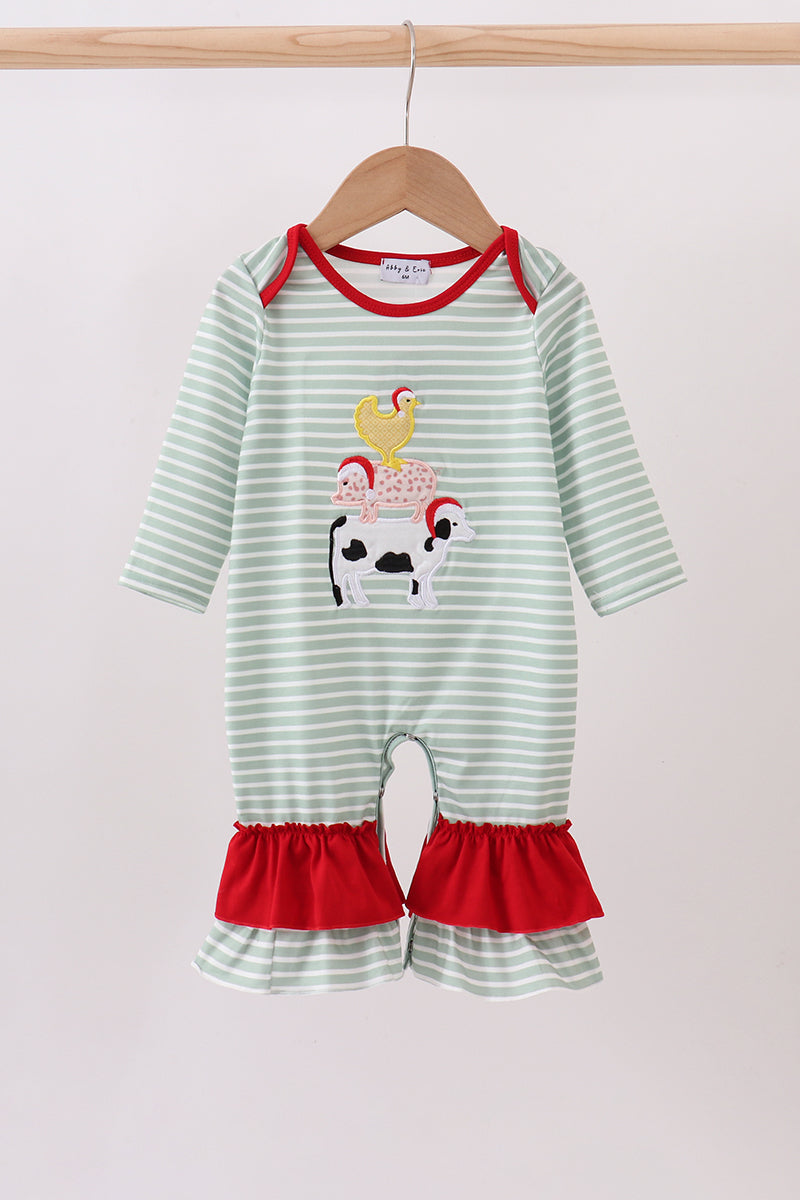 Abby and Evie - Green Farm Applique Stripe Ruffle Romper