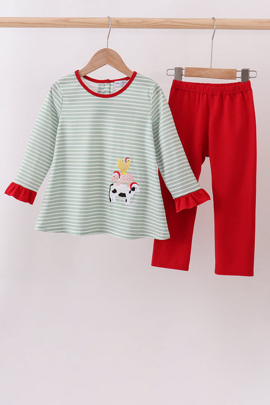 Abby and Evie - Green Farm Applique Stripe Ruffle Pants Set