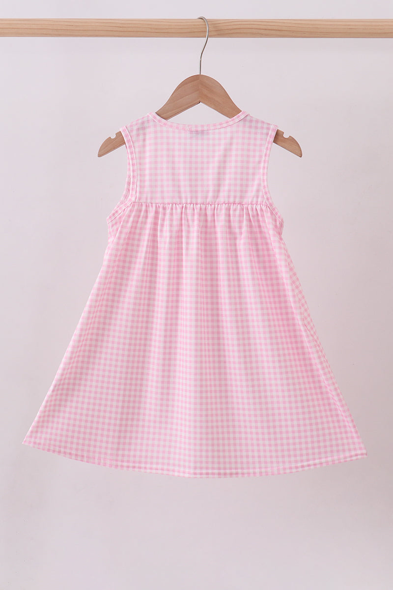 Abby & Evie - Girls Pink Gingham Dress with Horse and Bow Smocking