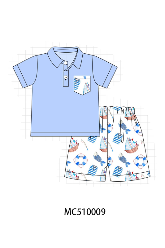 Abby & Evie - Blue Sailboat Print Shorts Set