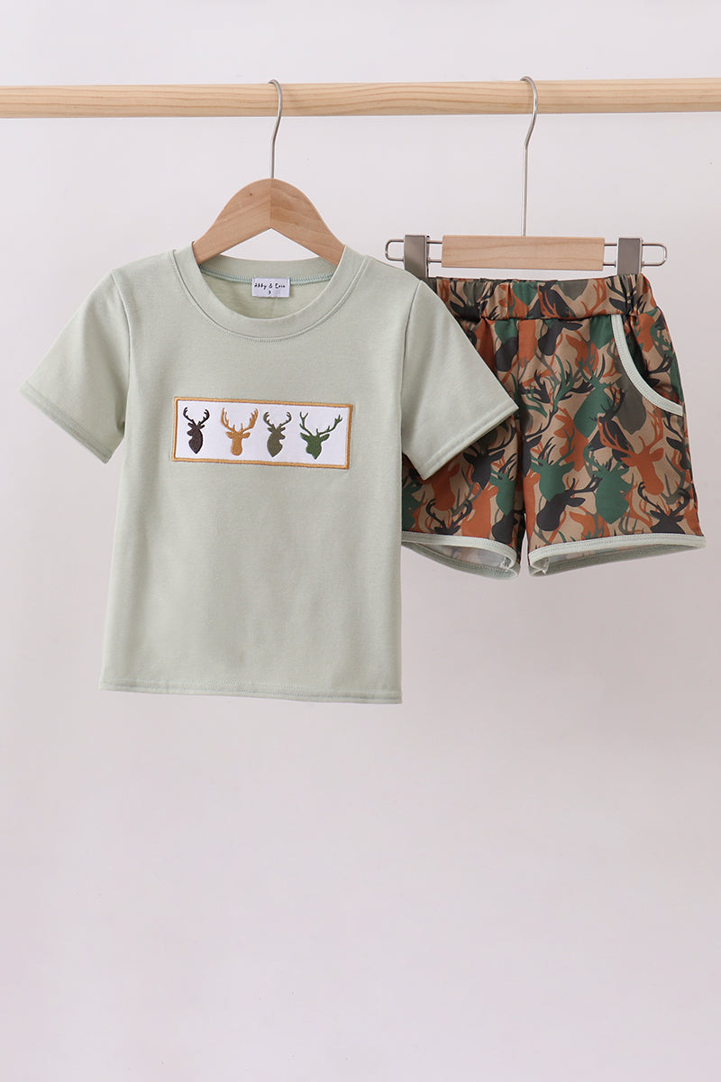 Abby & Evie - Camouflage deer antler embroidery shorts set