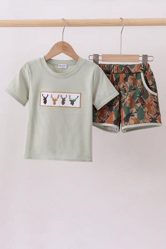 Abby & Evie - Camouflage deer antler embroidery shorts set