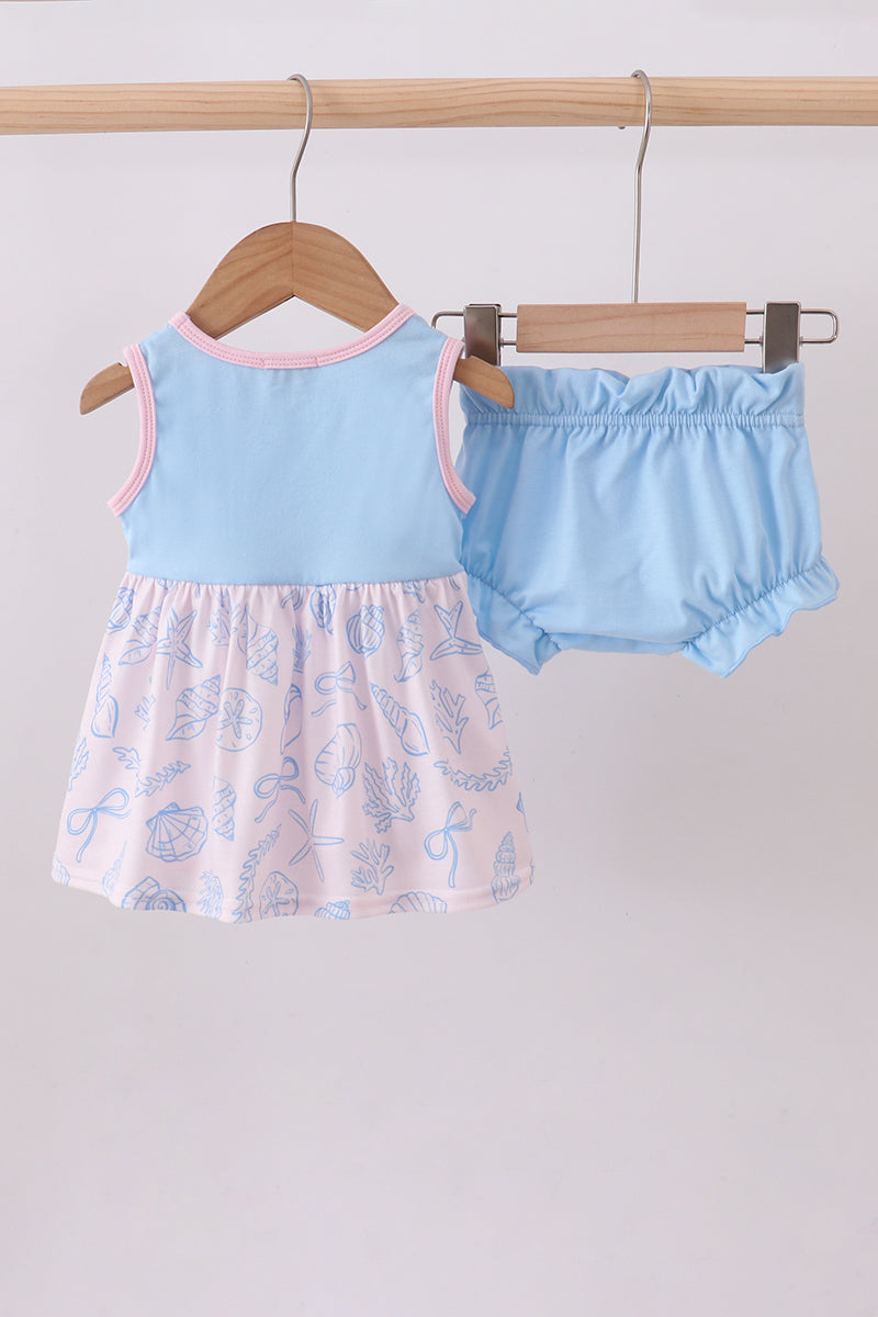 Abby & Evie - Blue Shell Starfish Print Bow Bloomer Set
