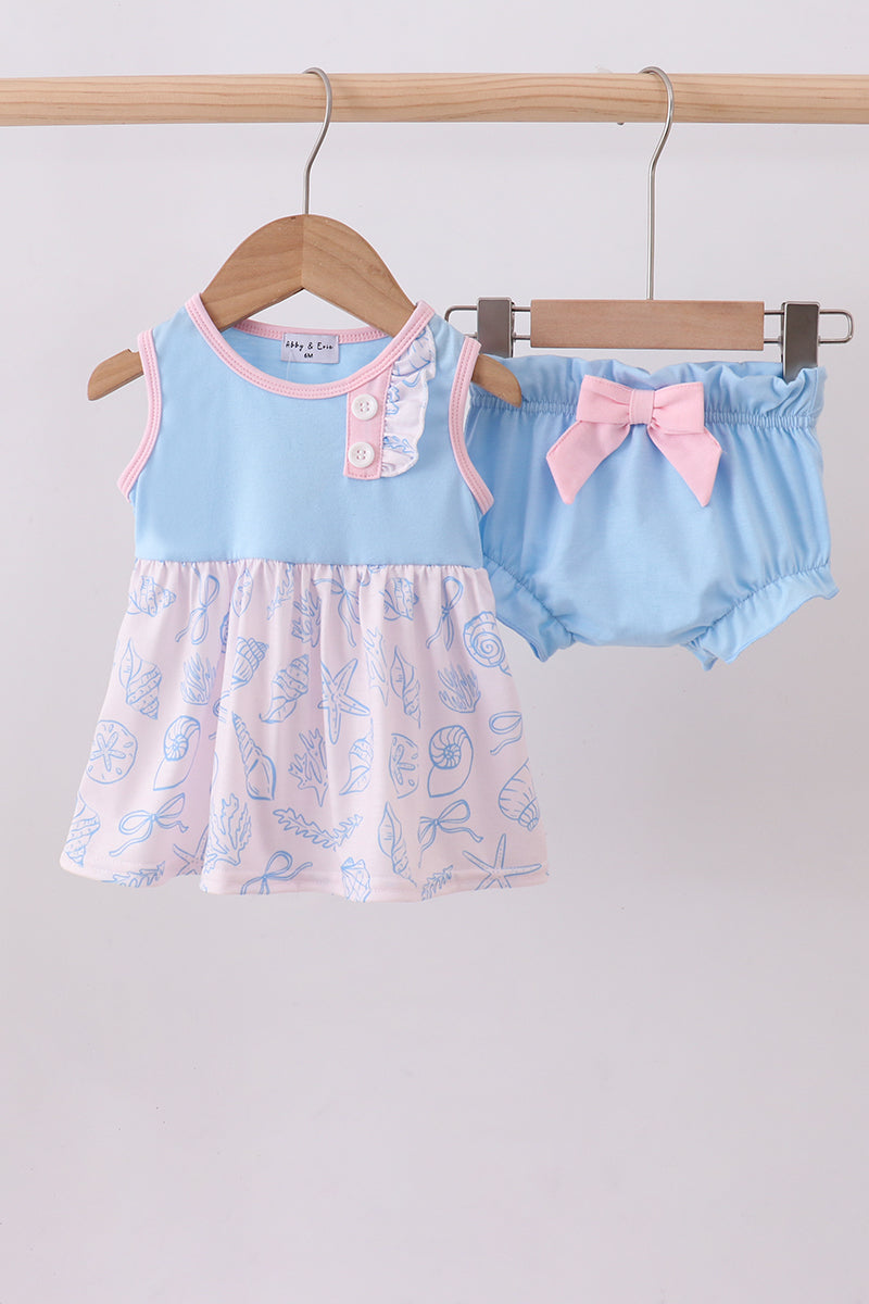 Abby & Evie - Blue Shell Starfish Print Bow Bloomer Set