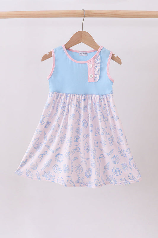 Abby & Evie - Blue Shell Starfish Print Ruffle Dress