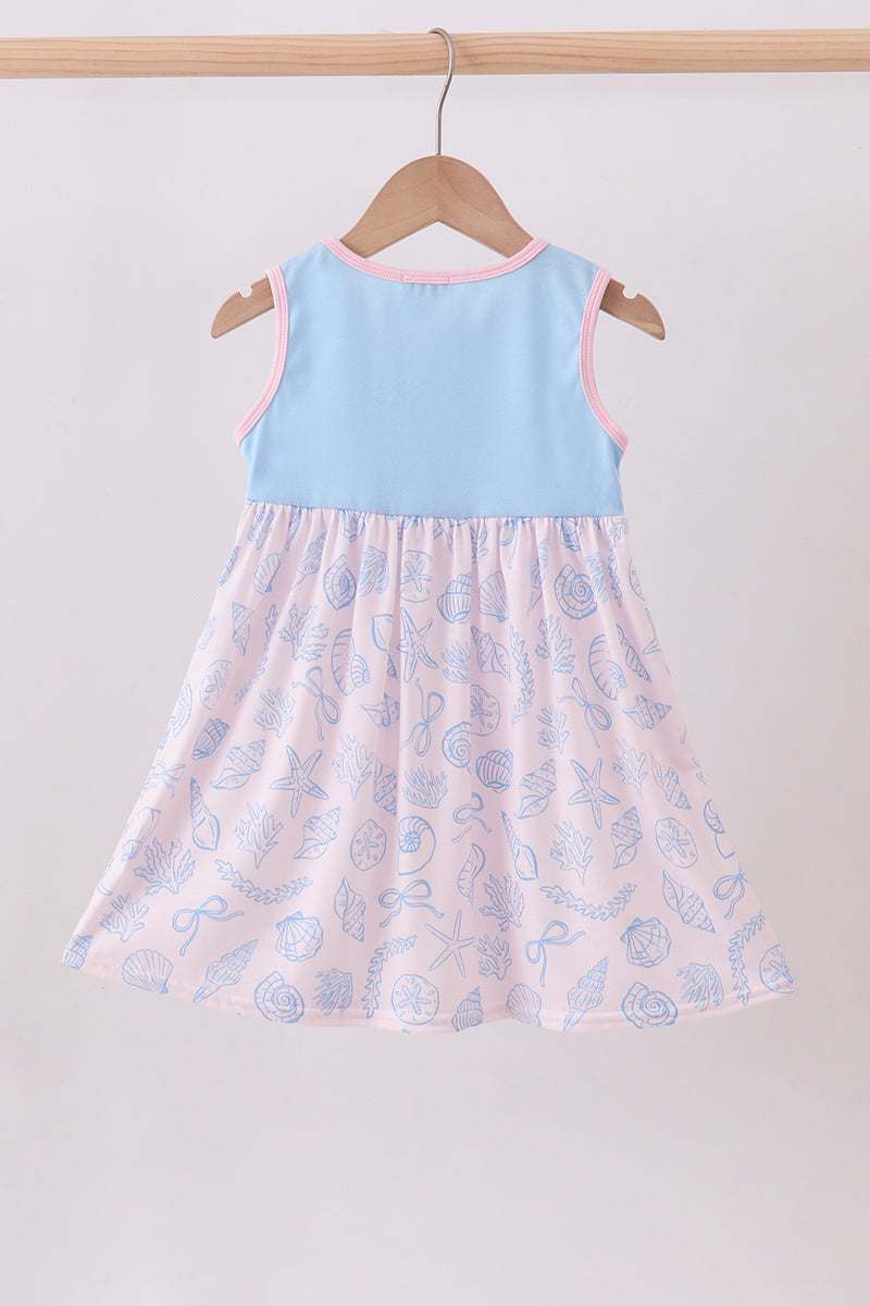 Abby & Evie - Blue Shell Starfish Print Ruffle Dress
