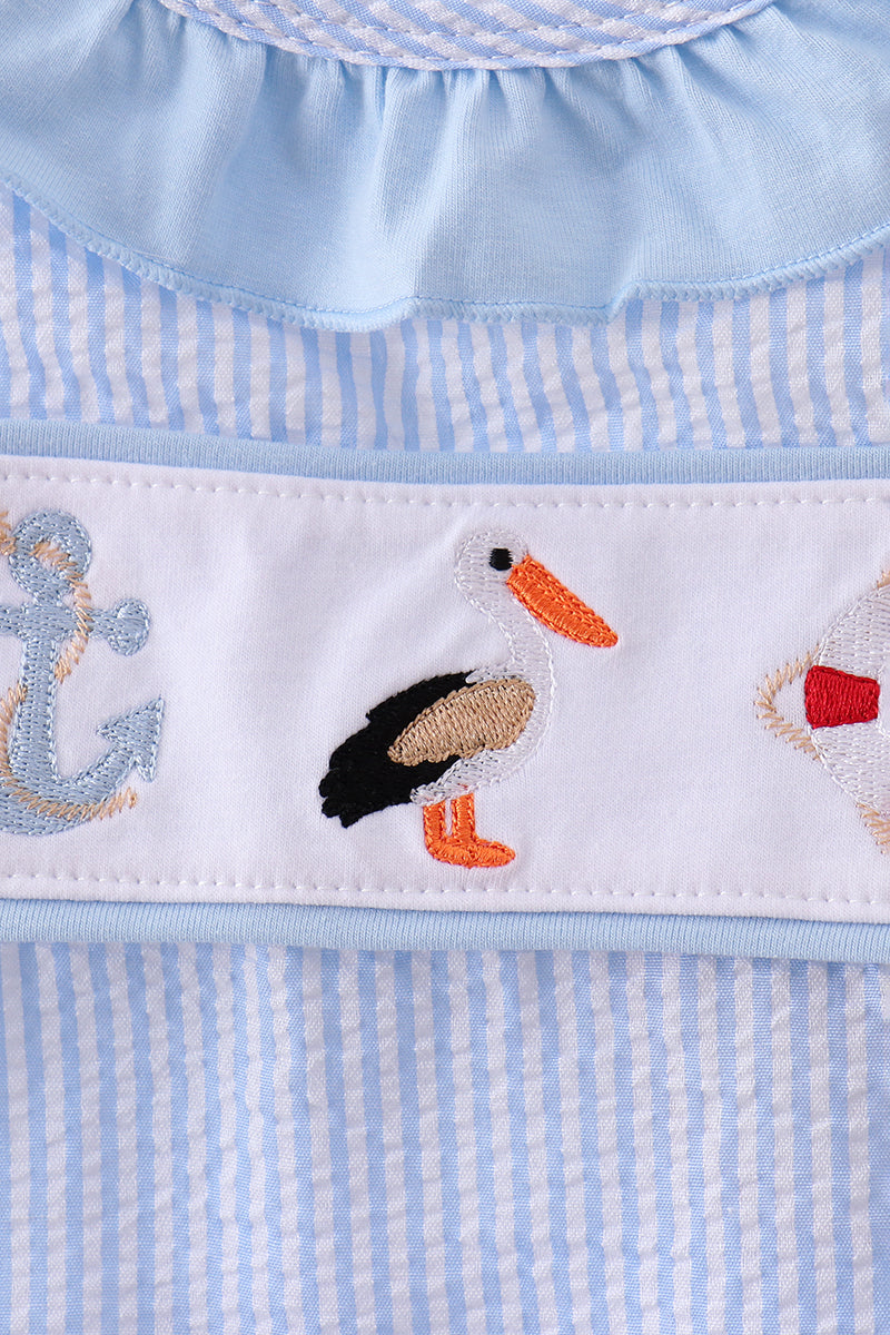 Abby & Evie - Blue Nautical Trio Embroidery Seersucker Ruffle Bubble