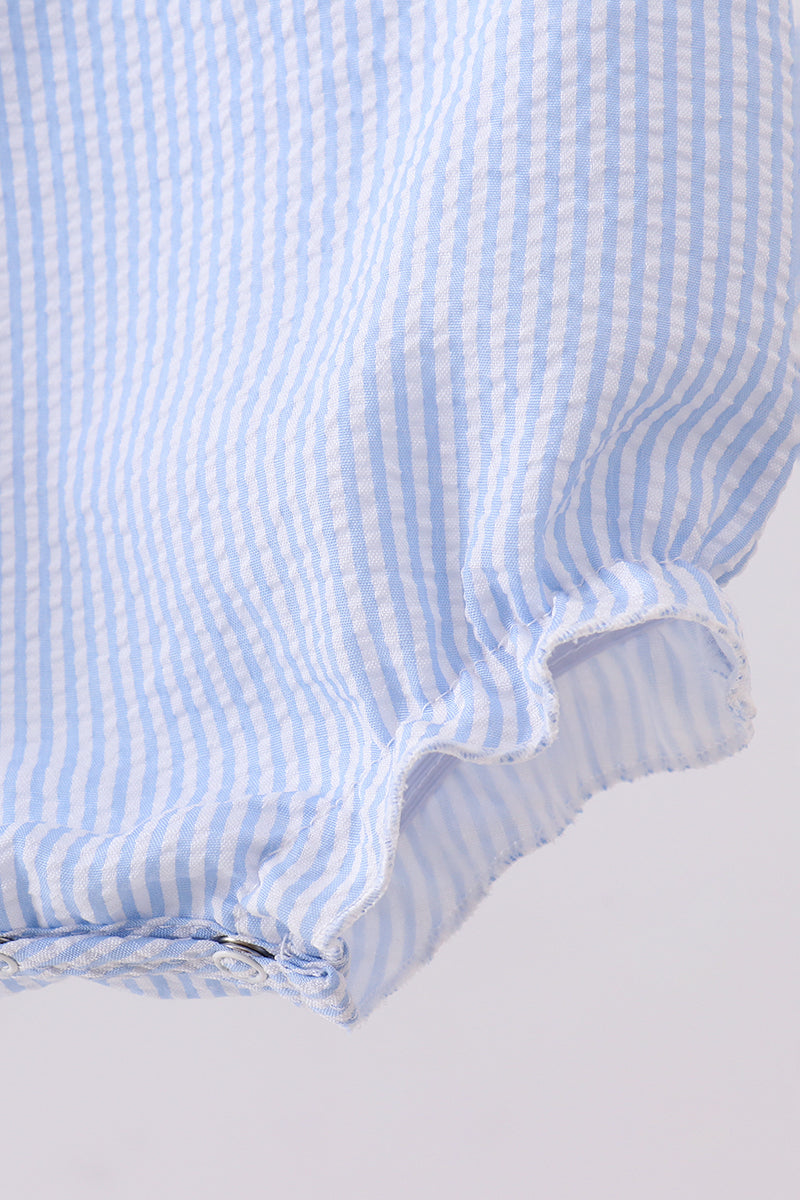 Abby & Evie - Blue Nautical Trio Embroidery Seersucker Ruffle Bubble