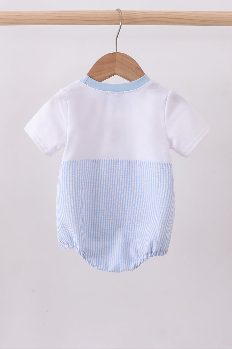 Abby & Evie - Blue Nautical Trio Embroidery Seersucker Bubble