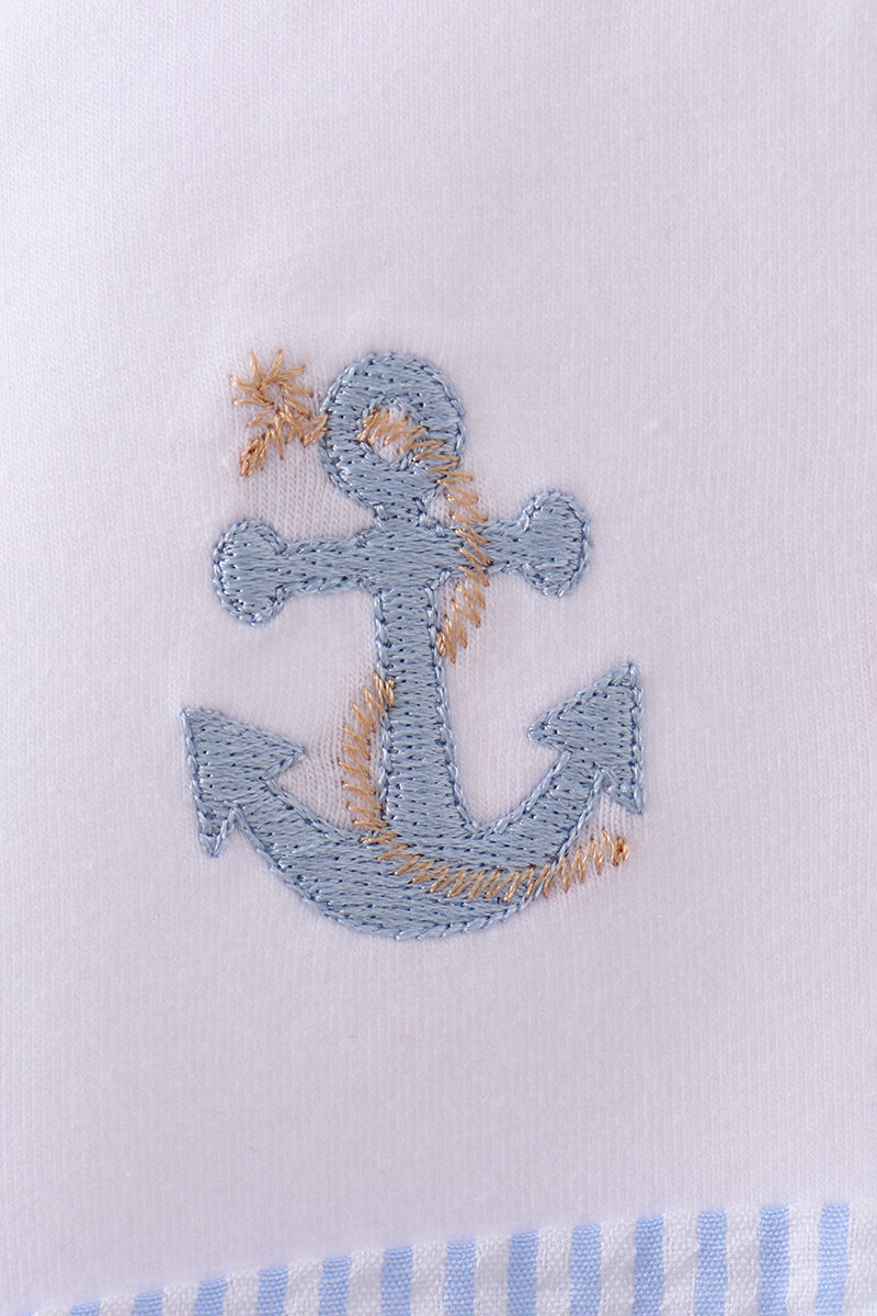 Abby & Evie - Blue Nautical Trio Embroidery Seersucker Bubble