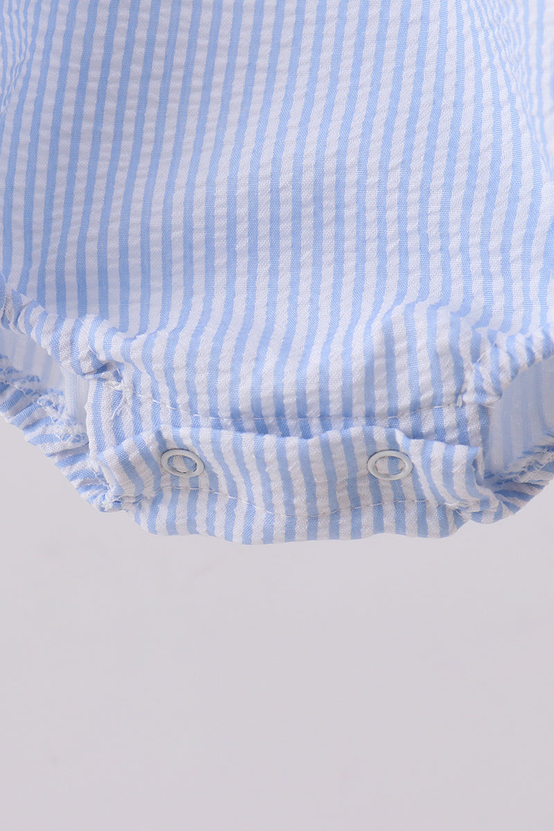 Abby & Evie - Blue Nautical Trio Embroidery Seersucker Bubble