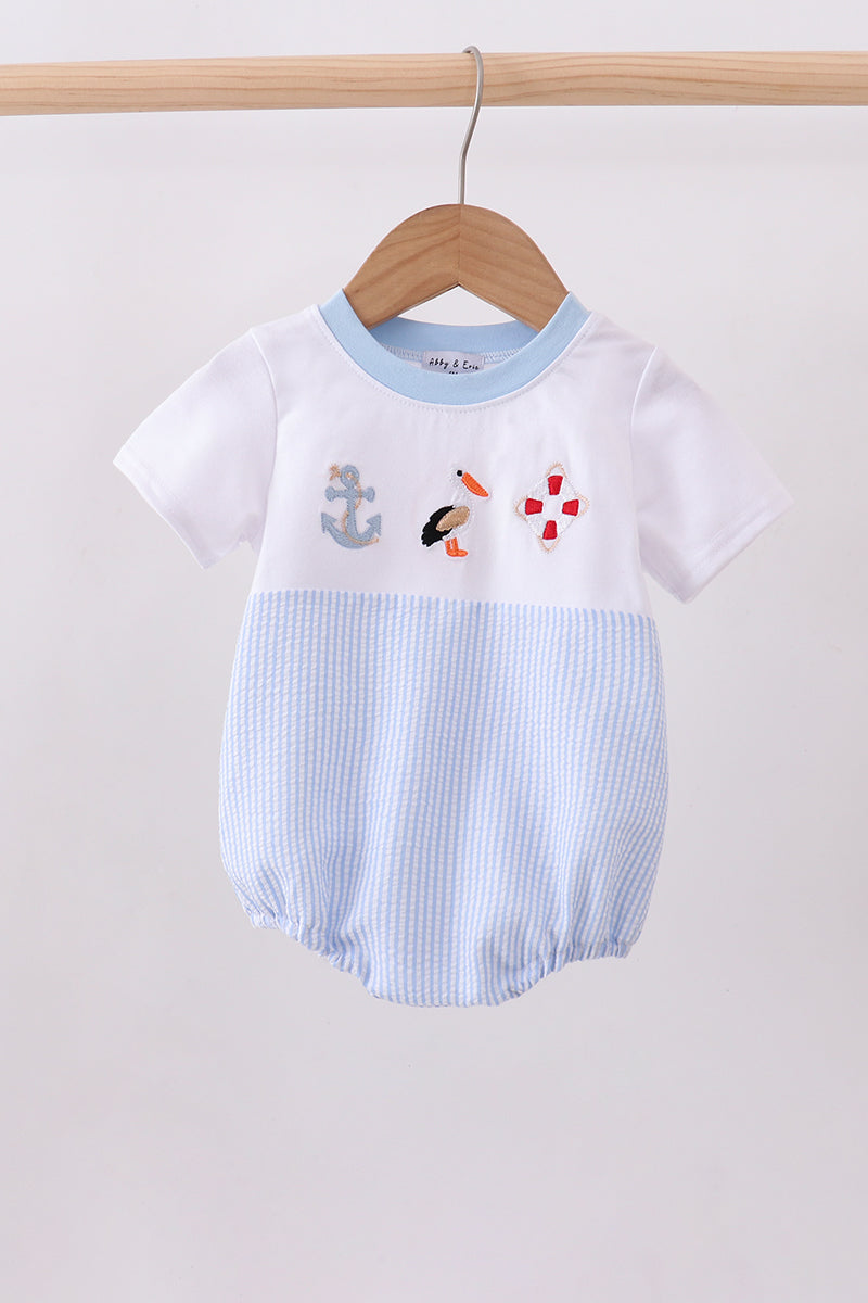 Abby & Evie - Blue Nautical Trio Embroidery Seersucker Bubble