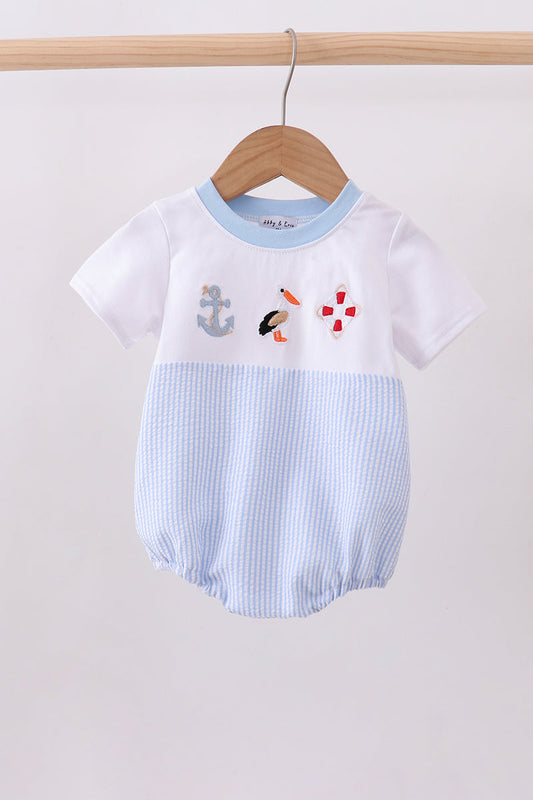 Abby & Evie - Blue Nautical Trio Embroidery Seersucker Bubble