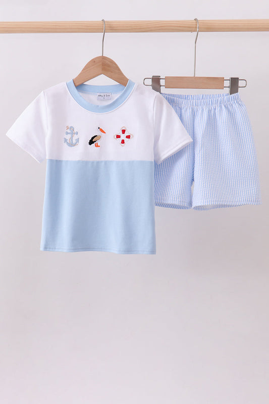 Abby & Evie - Blue Nautical Trio Embroidery Boy Shorts Set