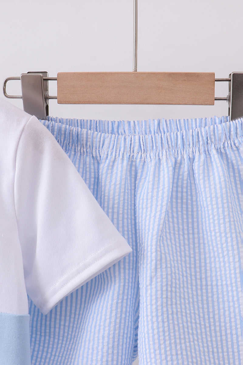 Abby & Evie - Blue Nautical Trio Embroidery Boy Shorts Set