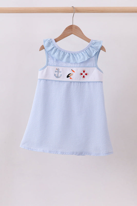 Abby & Evie - Blue Nautical Trio Embroidery Ruffle Dress