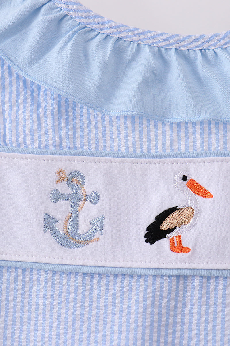 Abby & Evie - Blue Nautical Trio Embroidery Ruffle Dress