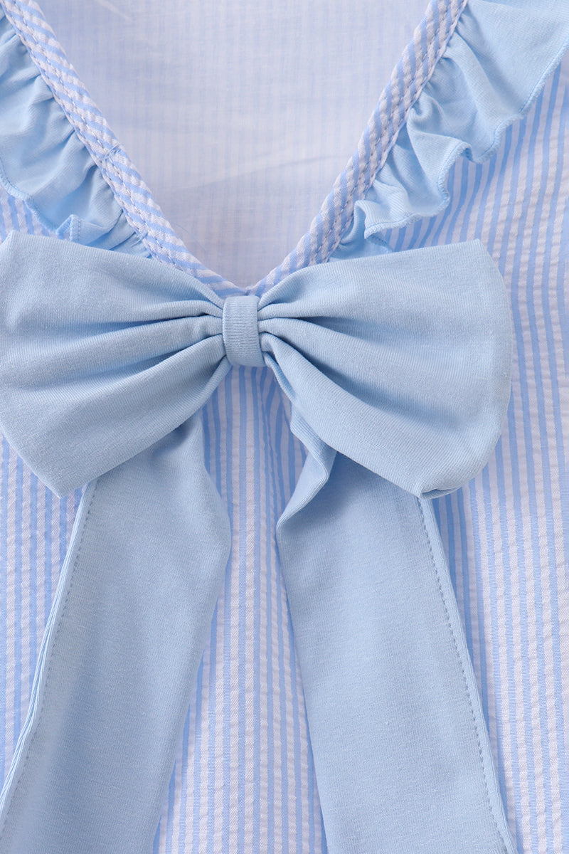 Abby & Evie - Blue Nautical Trio Embroidery Ruffle Dress