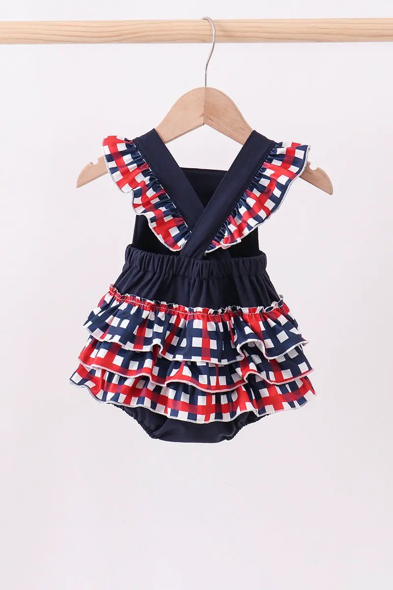 Navy Flag Applique Gingham Ruffle Bubble - 4th of July by Abby & Evie
