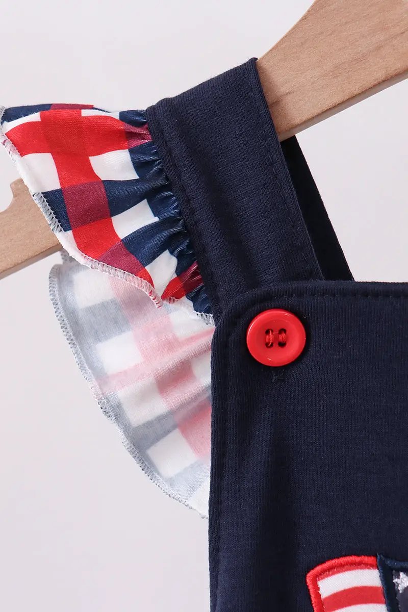 Navy Flag Applique Gingham Ruffle Bubble - 4th of July by Abby & Evie
