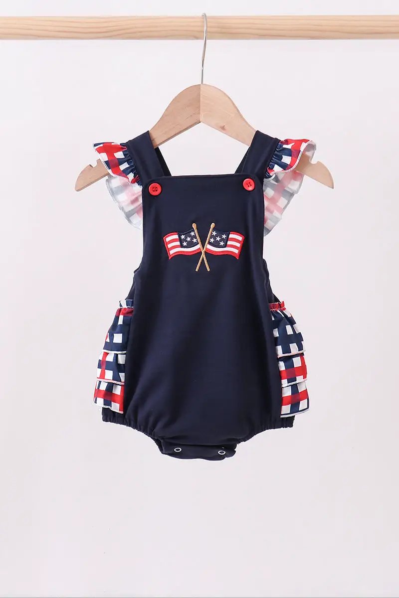 Navy Flag Applique Gingham Ruffle Bubble - 4th of July by Abby & Evie