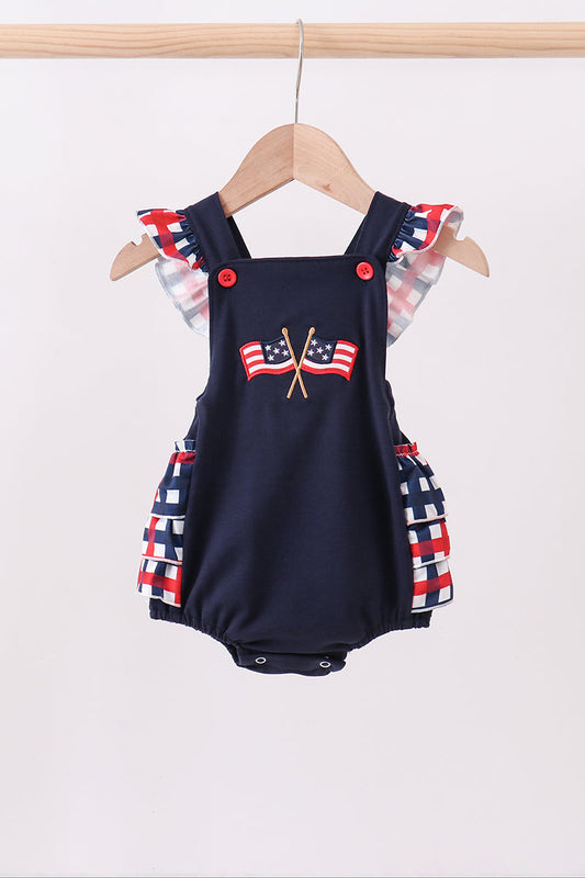 Navy Flag Applique Gingham Ruffle Bubble - 4th of July