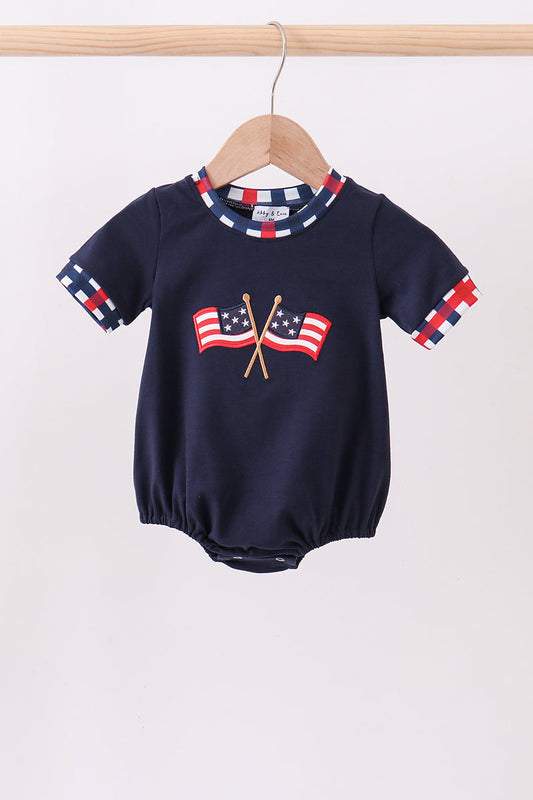 Navy Flag Applique Gingham Boy Bubble - 4th of July