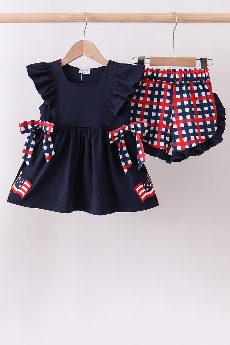 Navy Flag Applique Gingham Ruffle Shorts Set - 4th of July