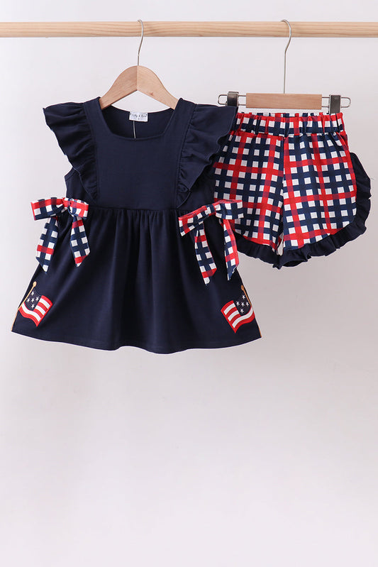 Navy Flag Applique Gingham Ruffle Shorts Set - 4th of July