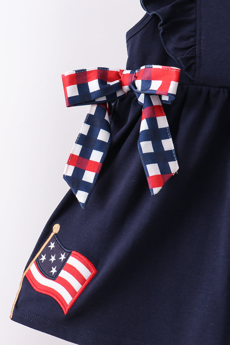 Navy Flag Applique Gingham Ruffle Shorts Set - 4th of July