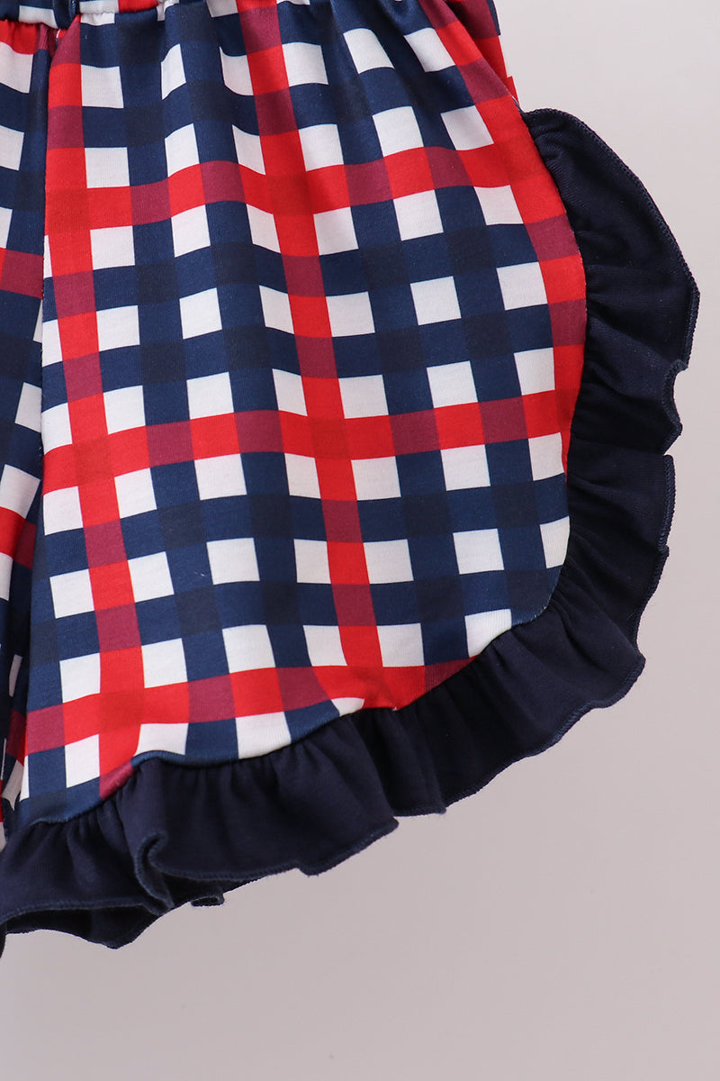 Navy Flag Applique Gingham Ruffle Shorts Set - 4th of July
